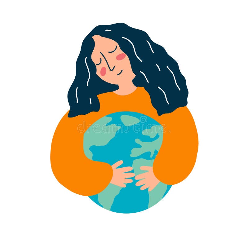 Vector illustration of young woman hugs earth globe in cartoon flat style. The concept of protecting the planet, saving royalty free illustration