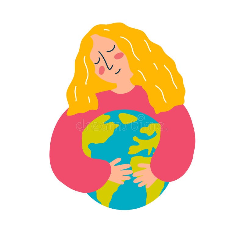 Vector illustration of young woman hugs earth globe in cartoon flat style. The concept of protecting the planet, saving stock illustration