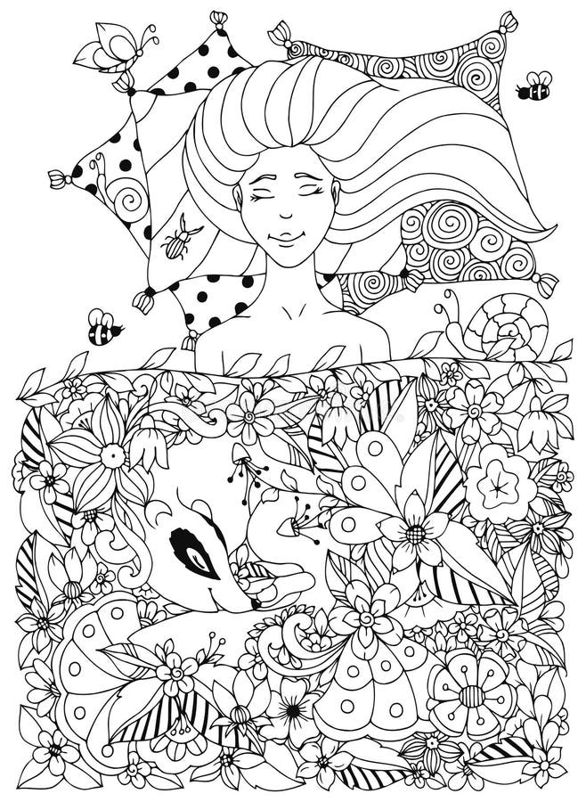 Vector Illustration Zen Tangle Girl with Freckles Sleeps Under the ...