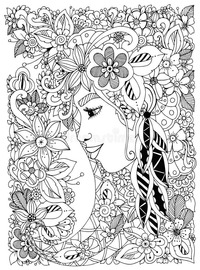 Vector illustration Zen Tangle portrait of a woman in a flower frame.