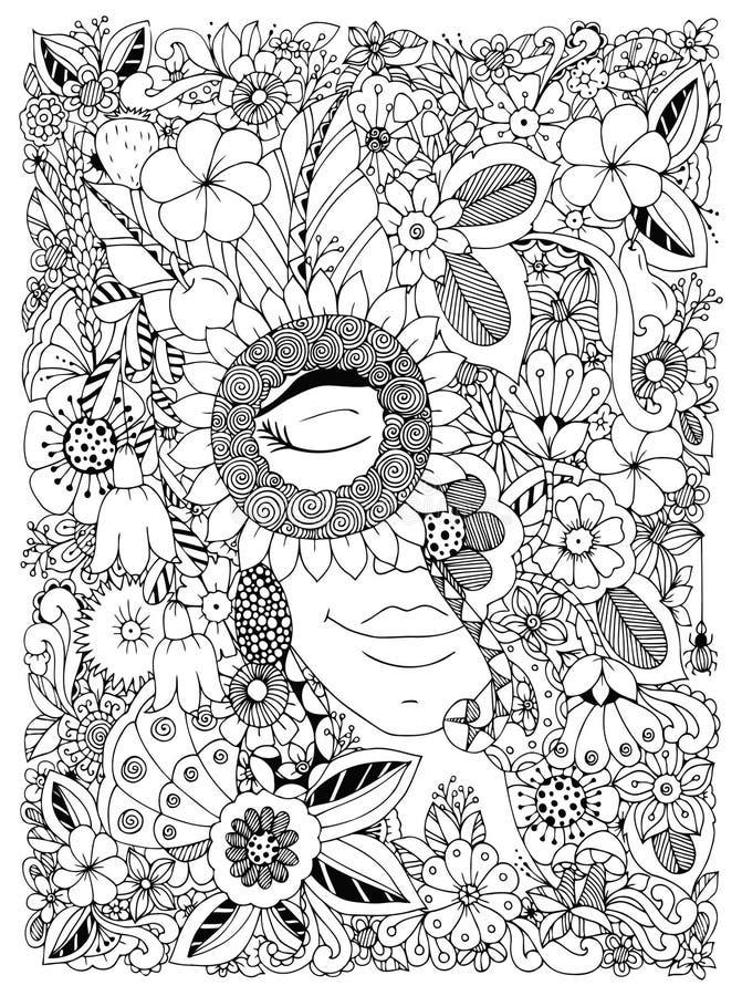 Vector Illustration Zen Tangle-Porträt einer Frau in einem Blumenrahmen Gekritzelblumen, Wald, Garten Malbuchantidruck FO stock abbildung