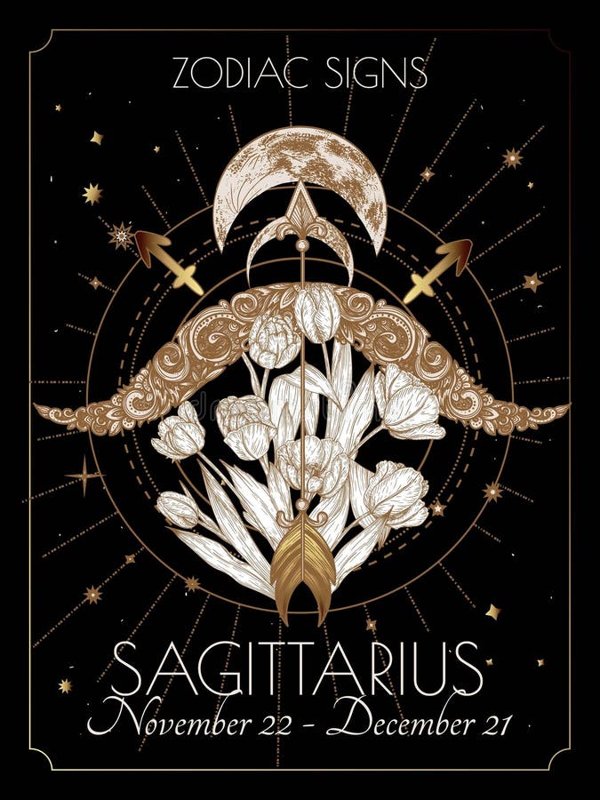 Vector Illustration of Zodiac Signs in Flowers. Sagittarius in Black ...