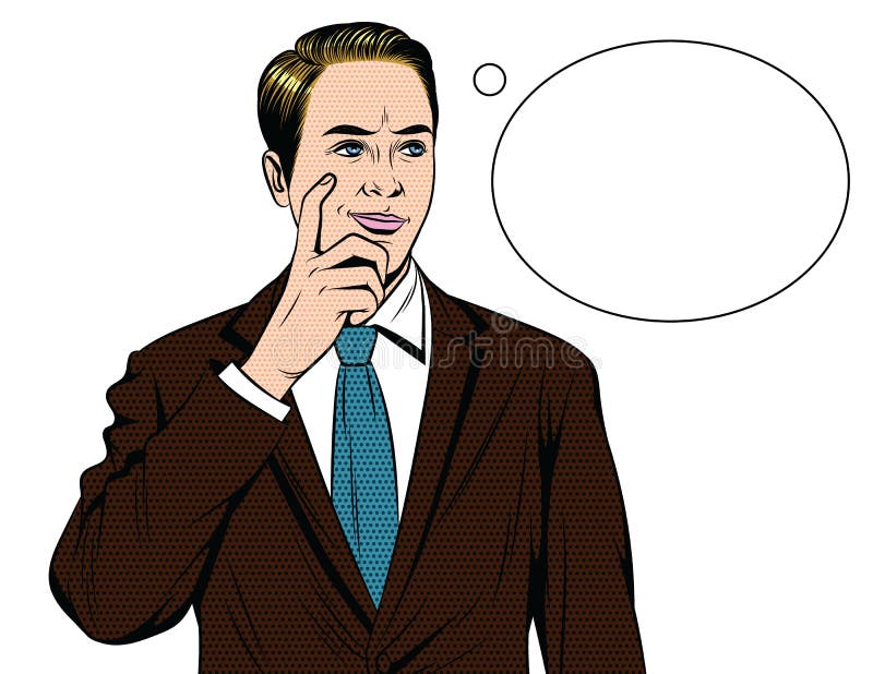 Vector colorful comic style illustration of a business man with worried face. Handsome guy standing in office suit with finger near his face and speech bubble isolated from white background. Vector colorful comic style illustration of a business man with worried face. Handsome guy standing in office suit with finger near his face and speech bubble isolated from white background