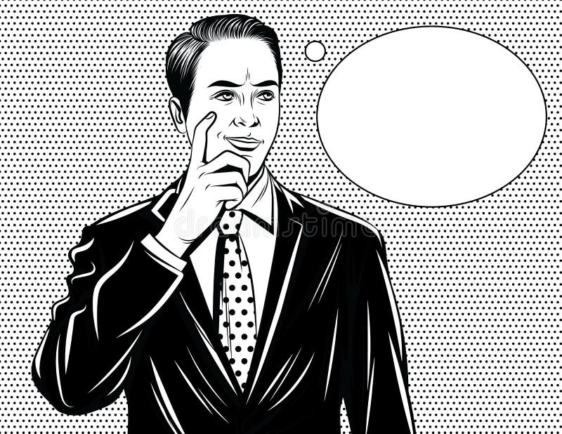 Vector black and white comic style illustration of a manager thinking. Handsome guy standing in office suit with finger near his face and speech bubble. Vector black and white comic style illustration of a manager thinking. Handsome guy standing in office suit with finger near his face and speech bubble