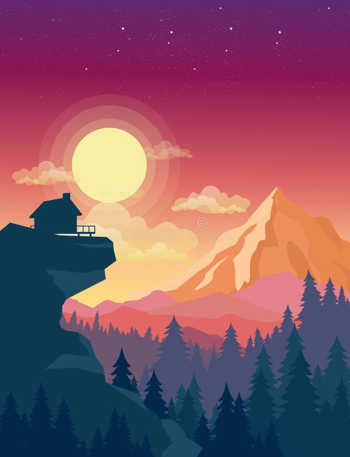 Vector a ilustração da casa sobre a montanha com por do sol bonito nas montanhas ajardinam no fundo, sol e ilustração royalty free