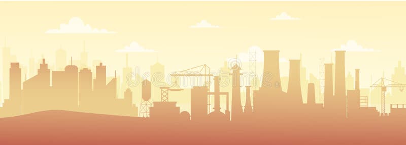 Vector a ilustração da paisagem industrial panorâmico da silhueta com construções da fábrica e da poluição no estilo liso ilustração royalty free Vector a ilustração da paisagem industrial panorâmico da silhueta com construções da fábrica e da poluição no estilo liso ilustração royalty free