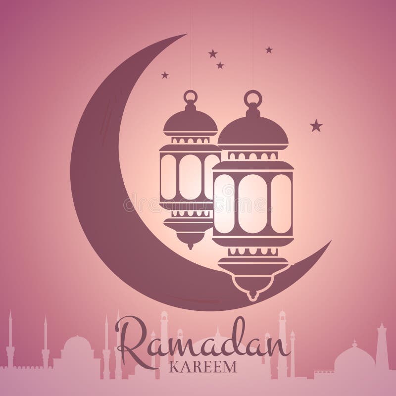 Vector a ilustração da ramadã com as lanternas em torno da lua com a silhueta árabe da cidade ilustração royalty free Vector a ilustração da ramadã com as lanternas em torno da lua com a silhueta árabe da cidade ilustração royalty free