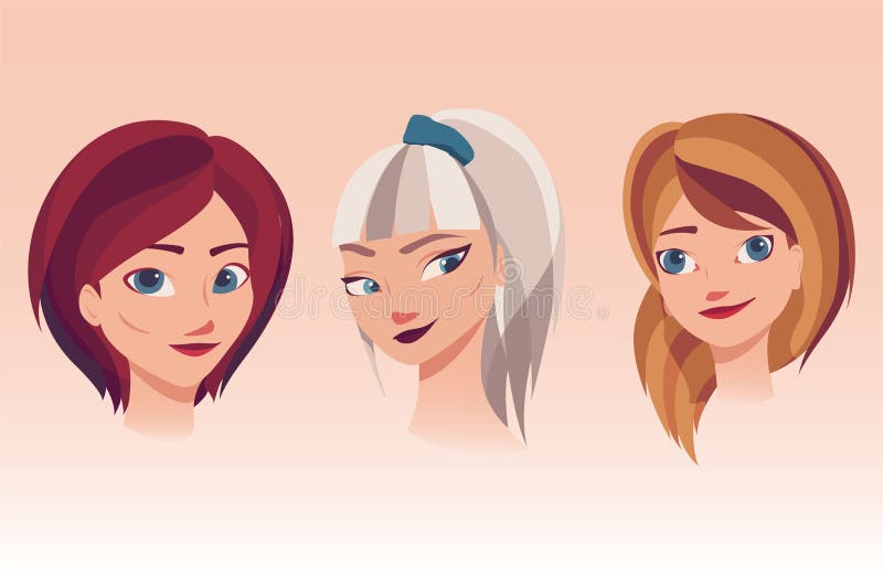 Vector a ilustração das caras das meninas com penteados diferentes, cores do cabelo ilustração stock Vector a ilustração das caras das meninas com penteados diferentes, cores do cabelo ilustração stock