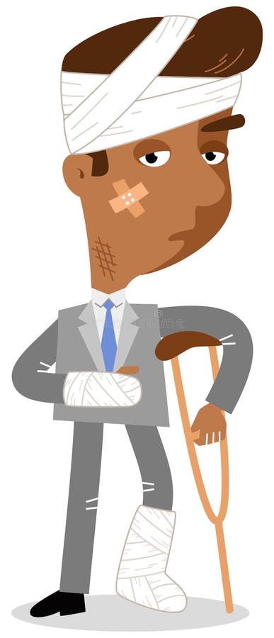 Vector a ilustração de um homem de negócios asiático ferido dos desenhos animados nas ataduras e com muletas ilustração stock Vector a ilustração de um homem de negócios asiático ferido dos desenhos animados nas ataduras e com muletas ilustração stock