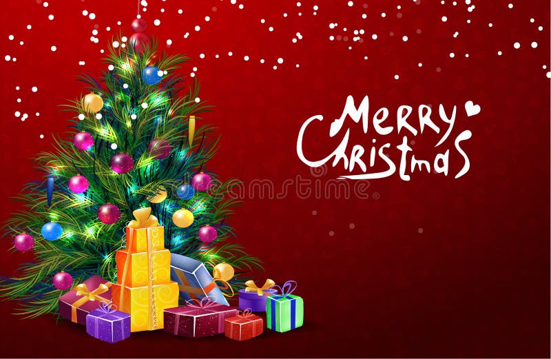 Vector a ilustração do Natal com projeto tipográfico e elementos brilhantes do feriado no fundo vermelho ilustração royalty free Vector a ilustração do Natal com projeto tipográfico e elementos brilhantes do feriado no fundo vermelho ilustração royalty free