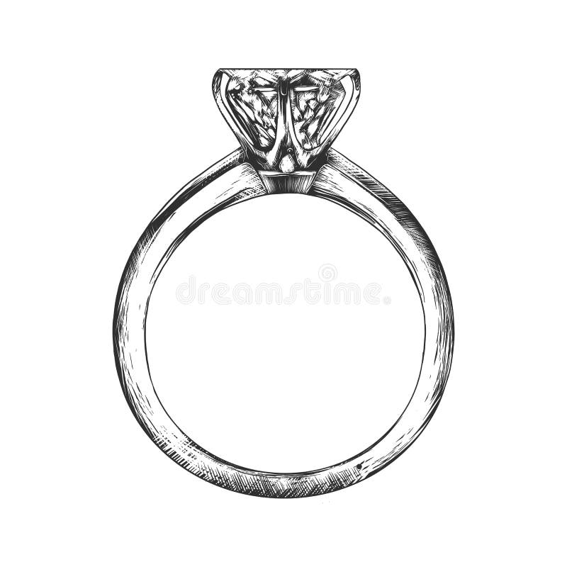 Vector engraved style illustration for posters, decoration and print. Hand drawn sketch of engagement ring in monochrome isolated on white background. Detailed vintage woodcut style drawing. Vector engraved style illustration for posters, decoration and print. Hand drawn sketch of engagement ring in monochrome isolated on white background. Detailed vintage woodcut style drawing.