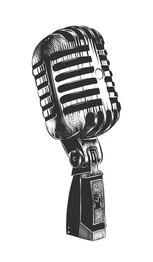Vector engraved style illustration for posters, decoration and print. Hand drawn sketch of microphone in monochrome isolated on white background. Detailed vintage woodcut style drawing. Vector engraved style illustration for posters, decoration and print. Hand drawn sketch of microphone in monochrome isolated on white background. Detailed vintage woodcut style drawing.