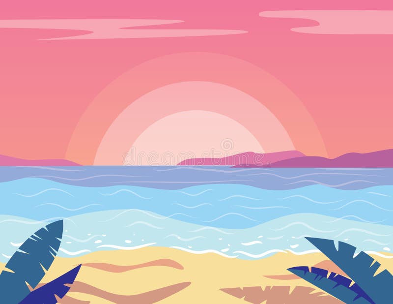 Vector a ilustração lisa colorida do estilo do por do sol bonito na praia ilustração do vetor