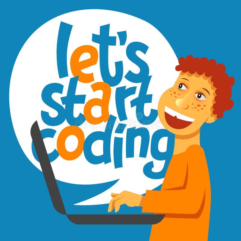 A Vector Image with a Boy Coding and a Lettering Play Learn Code. Stock