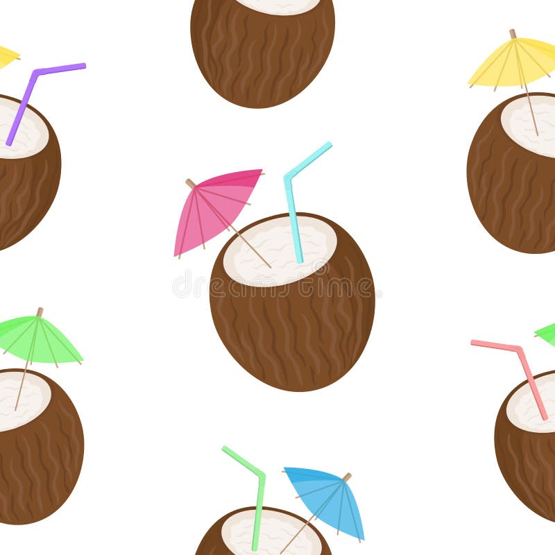 Vector image of cocktails in the form of coconut with colorful tubules and umbrellas. Seamless pattern on a light background. Summ stock illustration Vector image of cocktails in the form of coconut with colorful tubules and umbrellas. Seamless pattern on a light background. Summ stock illustration