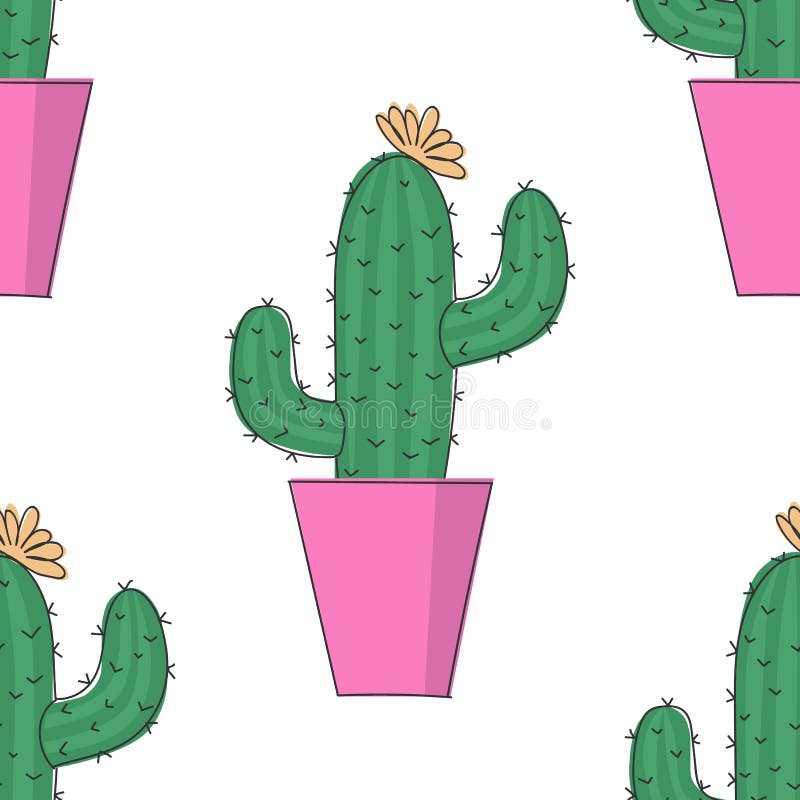 Vector Image of a Colored Cactus in a Pink Flowerpot. Seamless Pattern