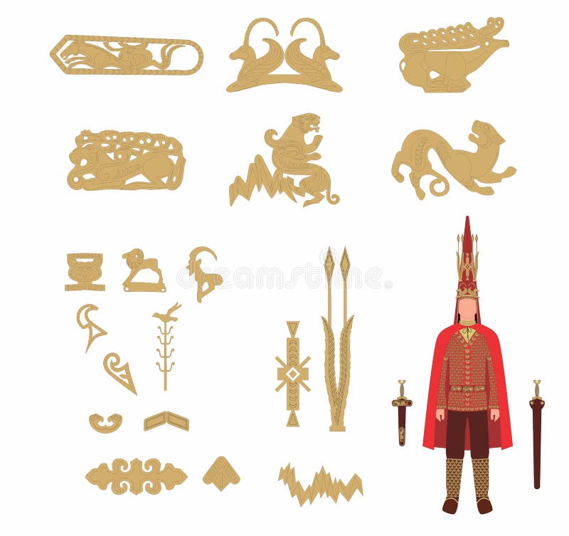 Imagen de dorado hombre traje de período, guerrero, encontró durante excavaciones independiente dorado elementos.