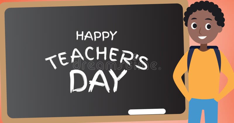 Vector image of happy teacher\'s day text on blackboard by schoolboy royalty free illustration