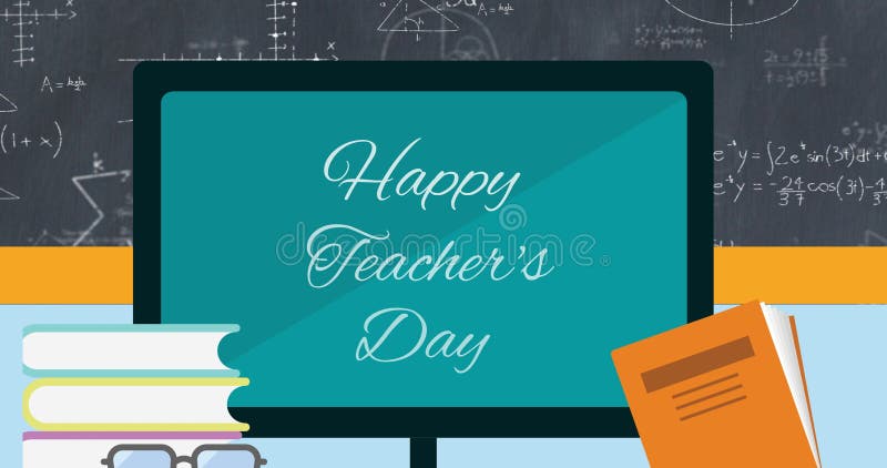 Vector image of happy teacher\'s day text on computer monitor in school vector illustration