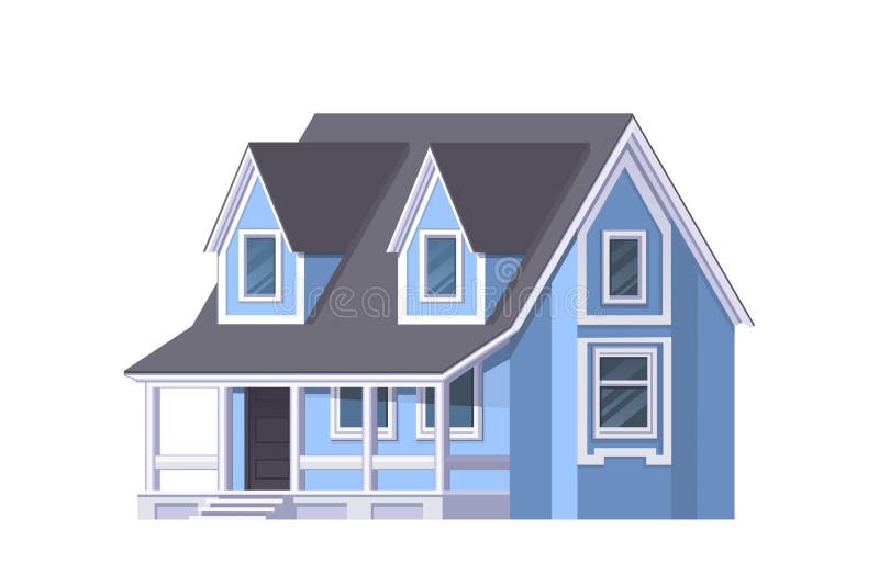 House with grey roof and blue walls on white background. vector illustration