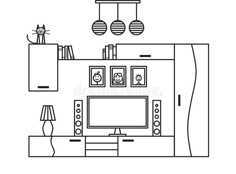 Interior of the Modern Living Room in Line Art Style. Stock Vector