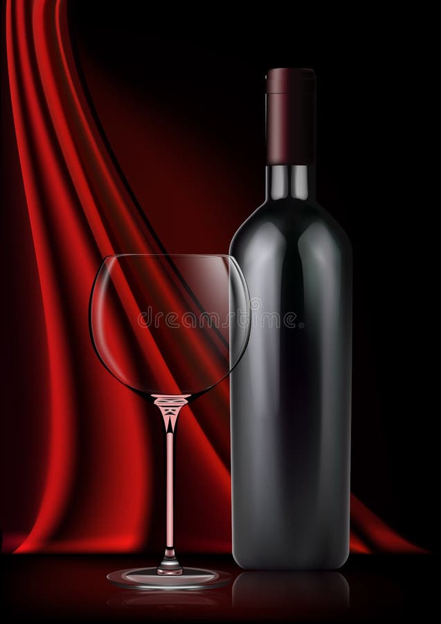 Vector image of a realistic bottle of red wine and a glass goblet in photorealistic style on a background of red dark