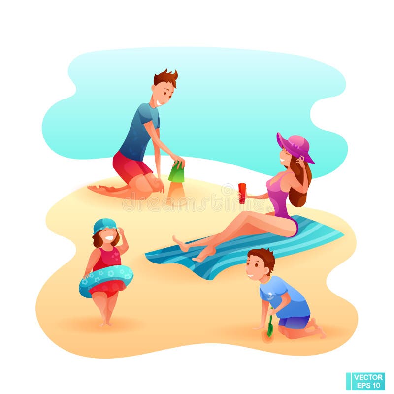 Set of Cartoon Characters Family on the Beach Stock Illustration -  Illustration of travel, beach: 177950853