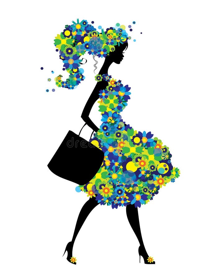 Shopping woman silhouette with green and blue flowers dress isolated stock illustration Shopping woman silhouette with green and blue flowers dress isolated stock illustration