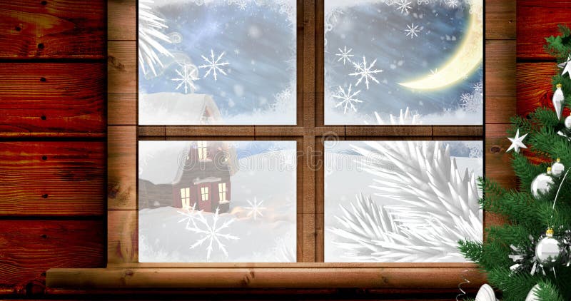 Vector image of snow covered house seen through window, copy space vector illustration