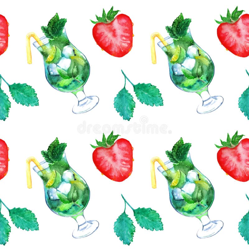 Vector inconsútil del modelo del cóctel de la fresa de la menta del hielo de la cal del mojito de la acuarela stock de ilustración Vector inconsútil del modelo del cóctel de la fresa de la menta del hielo de la cal del mojito de la acuarela stock de ilustración