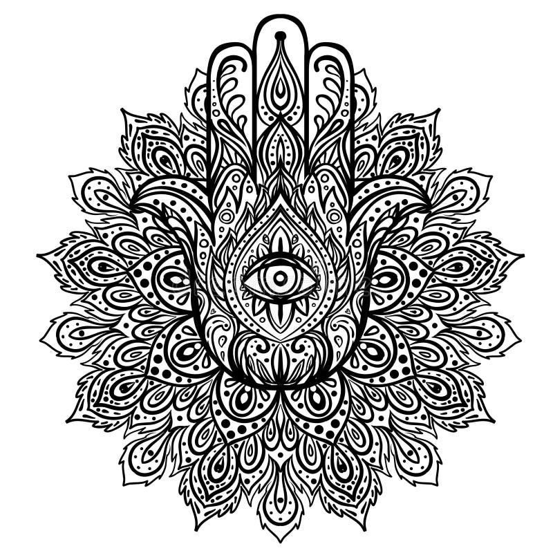 Vector Indian Hand Drawn Hamsa Over Round Mandala Pattern. Ethnic ...