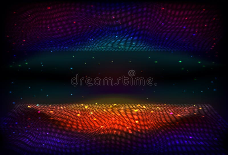Vector infinite space background. Matrix of glowing stars with illusion of depth and perspective. Abstract wave energy, fantasy space. Futuristic universe. Sci fi energy flow on starry night backdrop.
