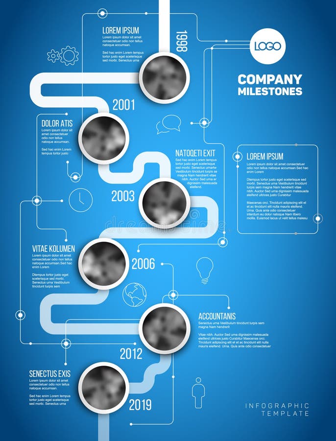 Vector Infographic Company Milestones Timeline Template with circle photo placeholders on a thick line - vertical blueprint version. History timeline vertical vectors