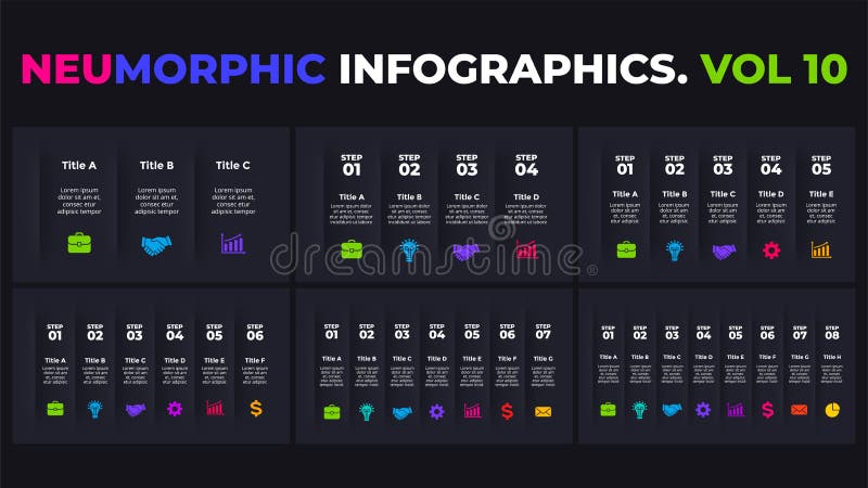Neumorphic Vector Infographic. Dark banners set. 3, 4, 5, 6, 7, 8 steps. Presentation slide template. Neumorphism ui stock illustration