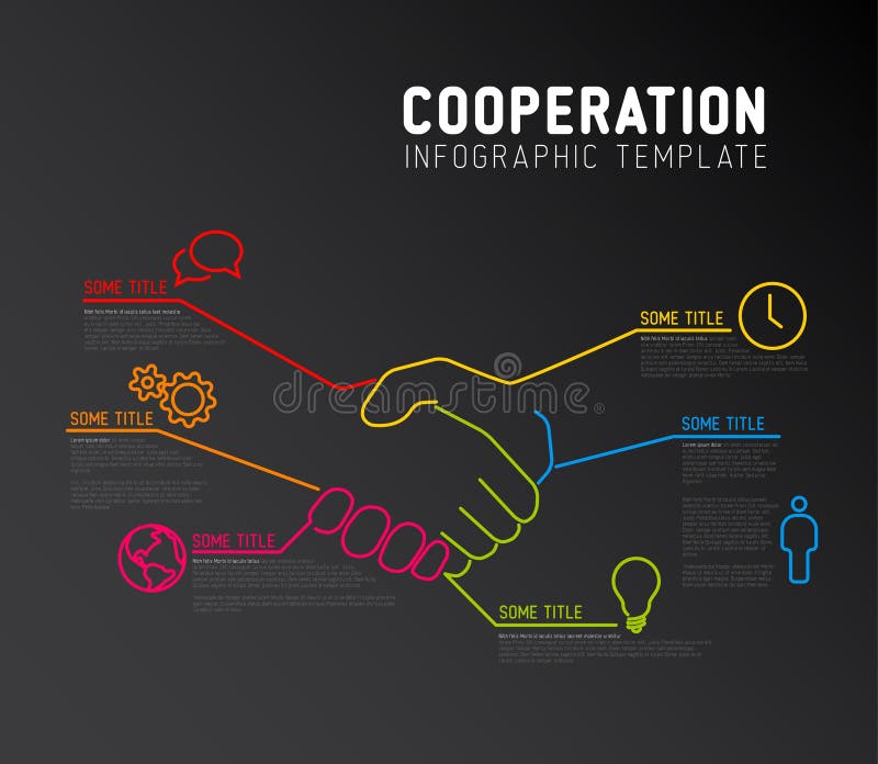 Vector Infographic cooperation report template made from lines and icons with handshake - dark version. Collusion illustration vectors