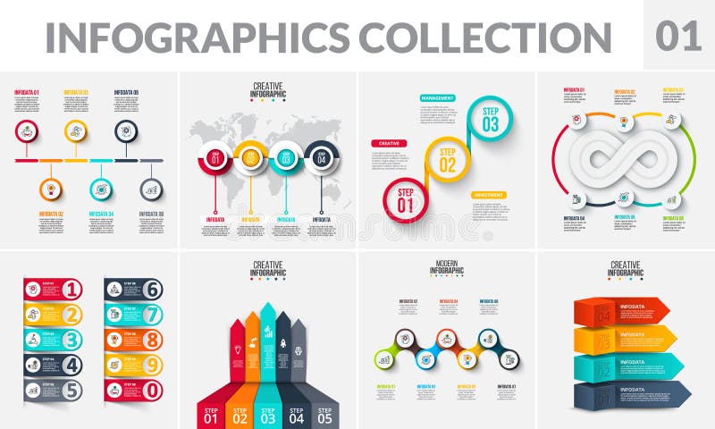 Vector infographics elements collection. Abstract diagrams, arrows, circles, timeline and infinity sign with 3, 4, 5, 6 7 and 10 steps options or parts