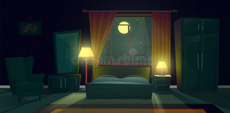 Vector interior of bedroom with furniture at night