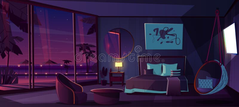 Vector Interior of Hotel Bedroom, Night Background Stock Vector -  Illustration of decoration, furniture: 138667991