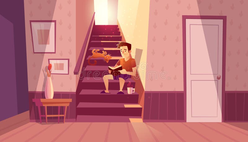 Vector interior with man, cat on stairs