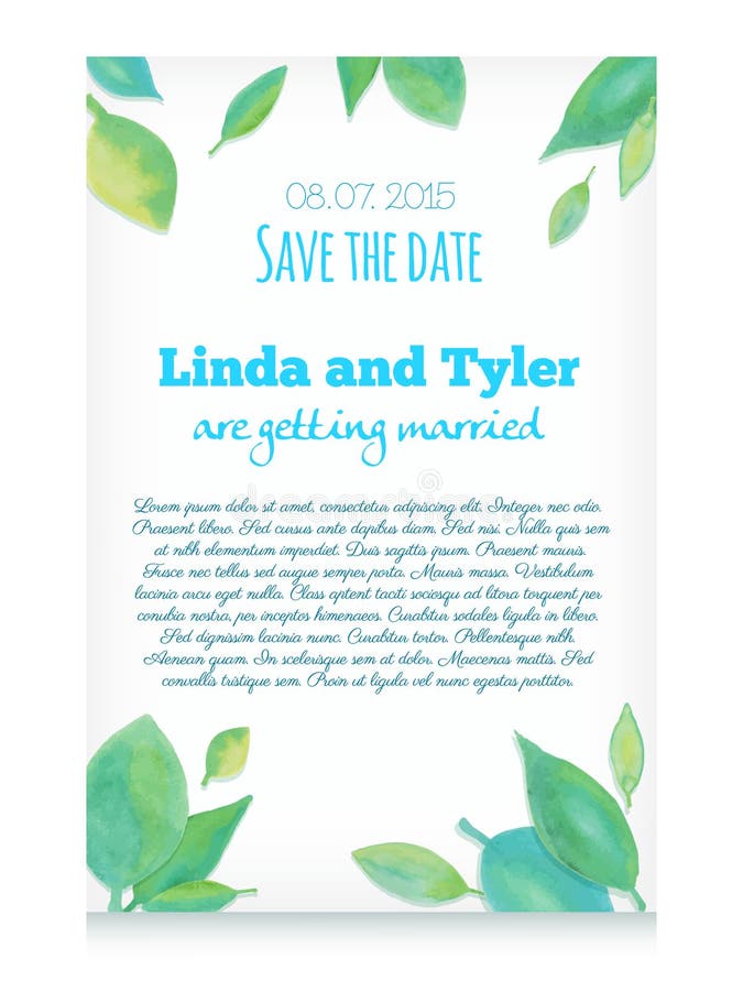 Vector invitation card with green hand drawn watercolor leaves