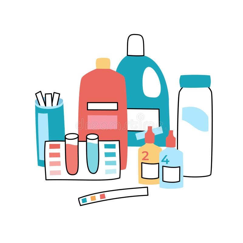 Swimming pool maintenance. Vector isolated illustration of the swimming poo care tools and equipment. Brush, vacuum cleaner, algaecide, chlorine, chemicals vector illustration Swimming pool maintenance. Vector isolated illustration of the swimming poo care tools and equipment. Brush, vacuum cleaner, algaecide, chlorine, chemicals vector illustration