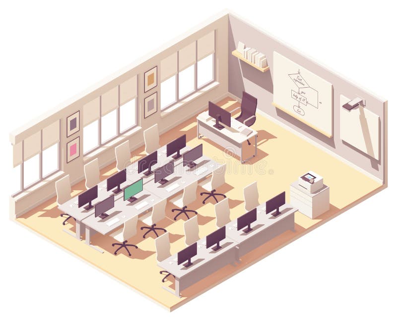 Vector isometric computer lab classroom stock illustration