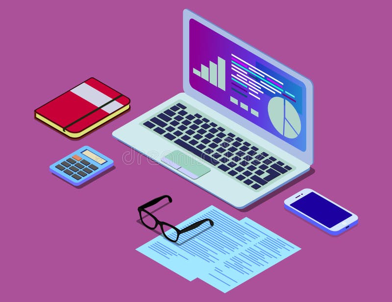 Vector isometric concept illustration of office work station. Desktop computer, glasses, phone, diagram, keyboard stock illustration Vector isometric concept illustration of office work station. Desktop computer, glasses, phone, diagram, keyboard stock illustration