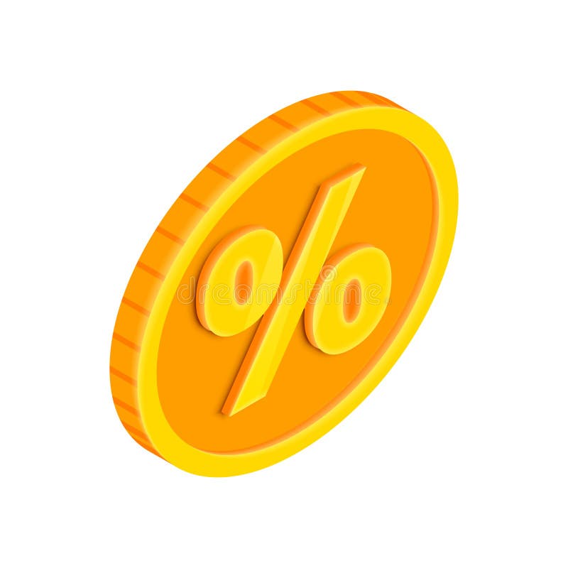 Vector Isometric gold coin with percent sign. Game money credit 3D icon. Inflation, money tax rate symbol. Sale royalty free illustration