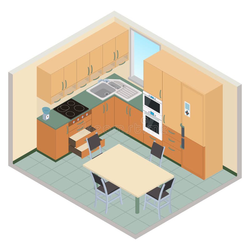 Download Vector Isometric Kitchen Interior - 3D Illustration Stock Vector - Illustration of decor, estate ...