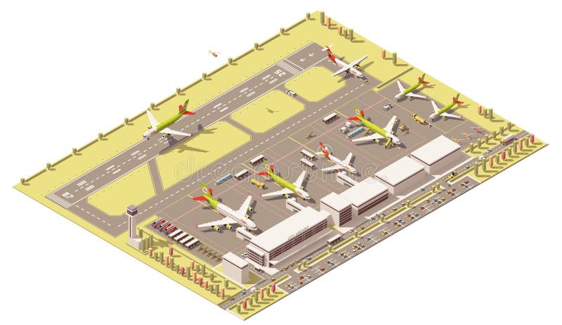 Vector isometric low poly airport terminal building stock illustration Vector isometric low poly airport terminal building stock illustration