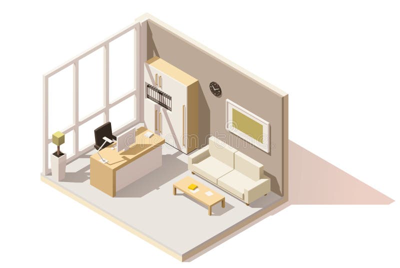 Vector isometric low poly office room vector illustration