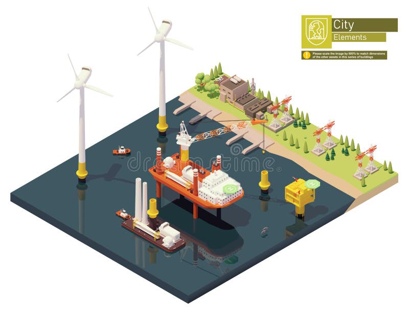 Vector isometric offshore wind farm construction stock illustration