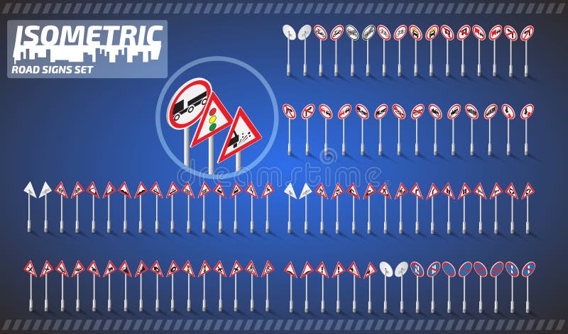 Vector isometric road sings set for our own city or infographics. royalty free illustration Vector isometric road sings set for our own city or infographics. royalty free illustration