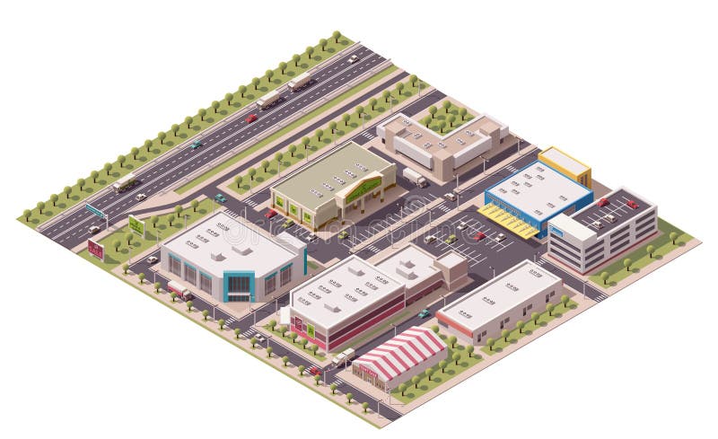 Vektorové izometrické nákupní čtvrti s obchody a parkoviště.